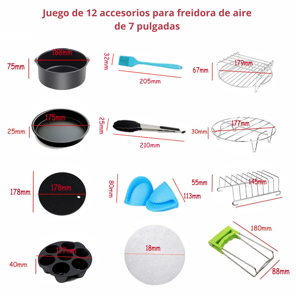 Set de 12 Accesorios Universales para Freidora de Aire (Compatible 3.7 a 5.8 QT)
