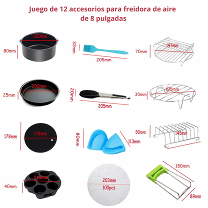 Set de 12 Accesorios Universales para Freidora de Aire (Compatible 3.7 a 5.8 QT)