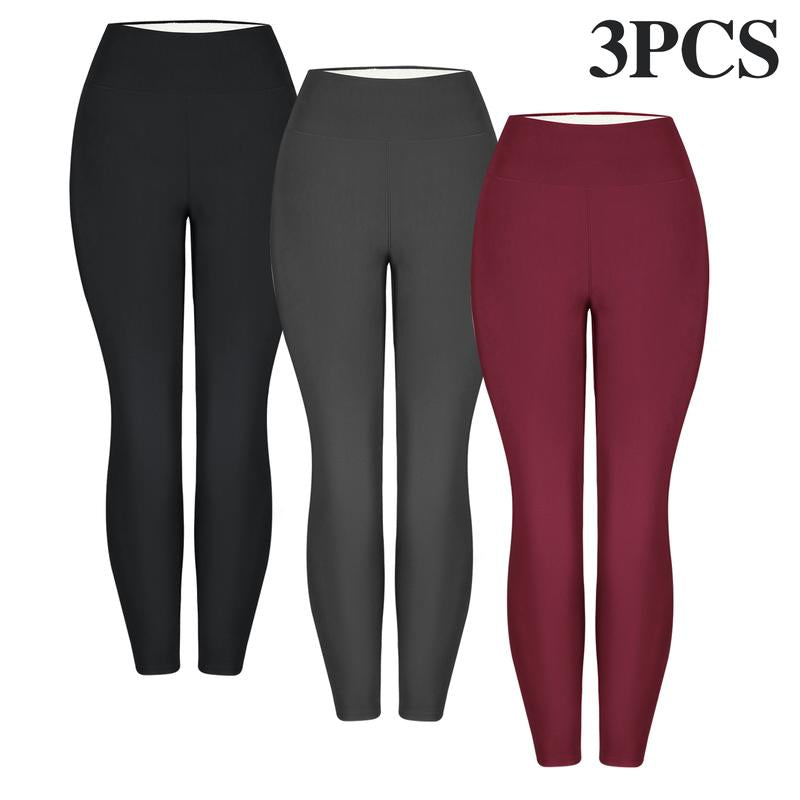 CHRLEISURE 3PCS Winter Warm Fleece Lined Leggings High Waist Women Workout Wear for Yoga Riding Casual Wear in Red Black & Gray